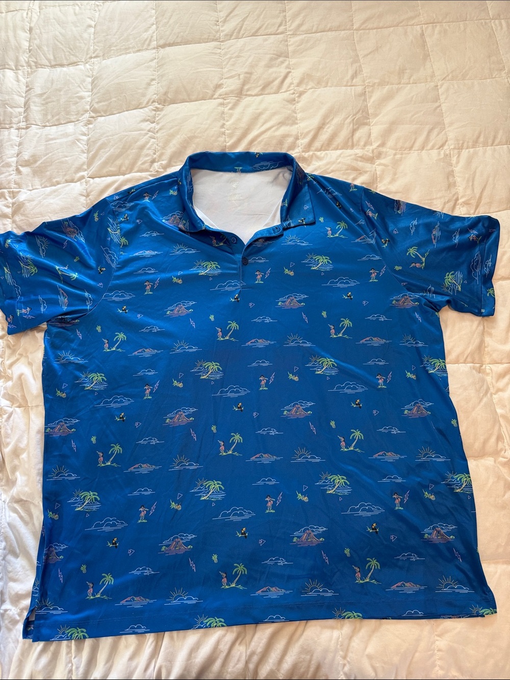 Caddy Cart SzXXL Palm Bolt Polo Golf Shirt Blue Allover Hawaiian Tropical Print